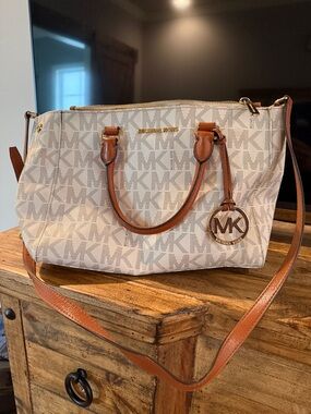 Michael Kors Beige Monogram Satchel with Brown Trim and Gold Hardware